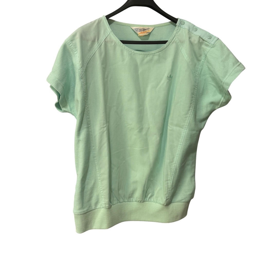 Vintage Adidas Mint Green Short Sleeve Sweatshirt Shoulder‎ Snaps Trefoil Logo